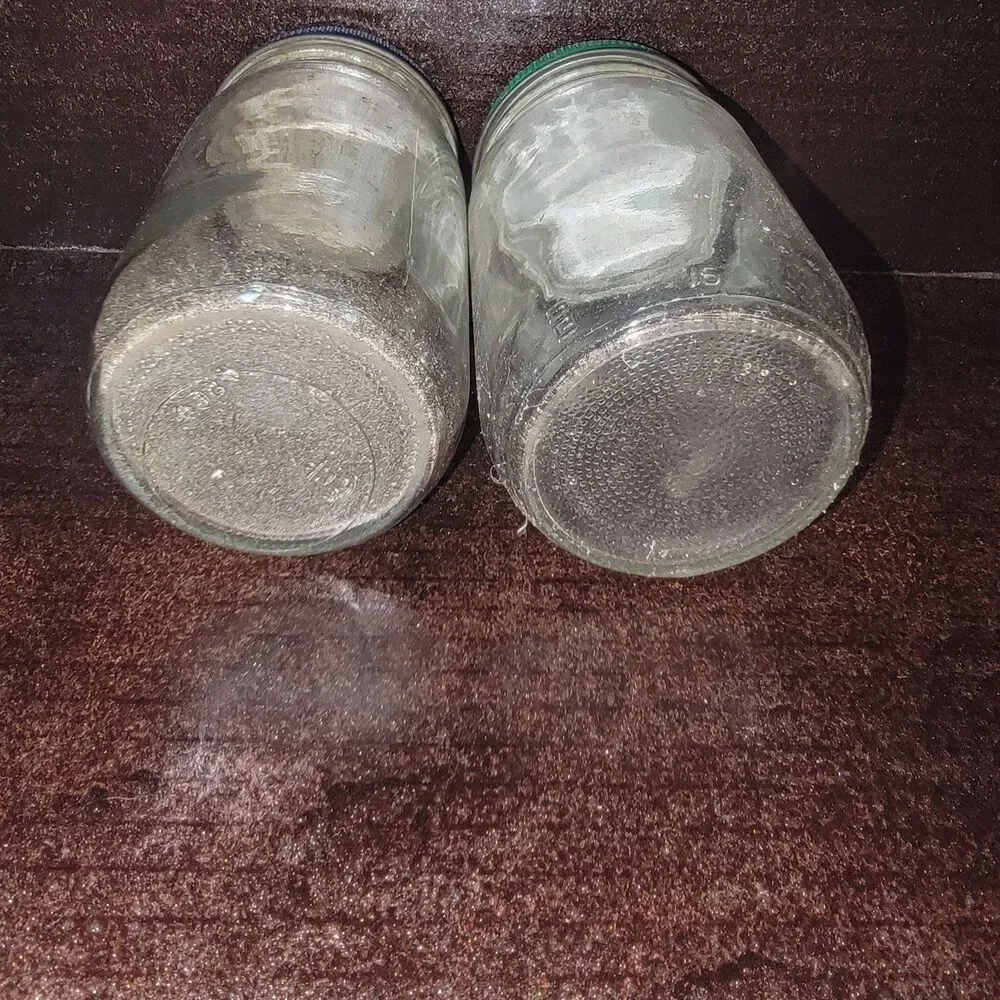Vintage Blue Plate Real Mayonnaise Jars 4.5 Inches Lot of 2 Blue Green Lids